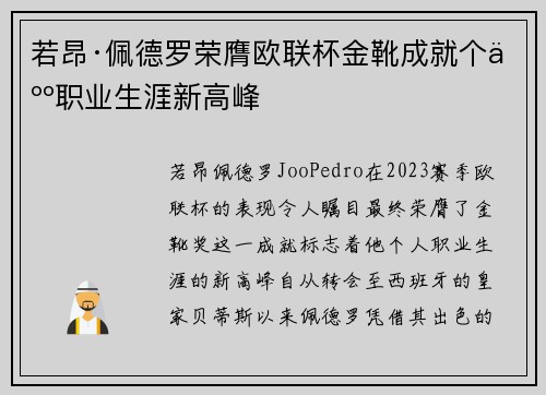 若昂·佩德罗荣膺欧联杯金靴成就个人职业生涯新高峰