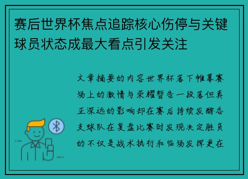 赛后世界杯焦点追踪核心伤停与关键球员状态成最大看点引发关注 赛后世界杯焦点追踪核心伤停与关键球员状态成最大看点引发关注