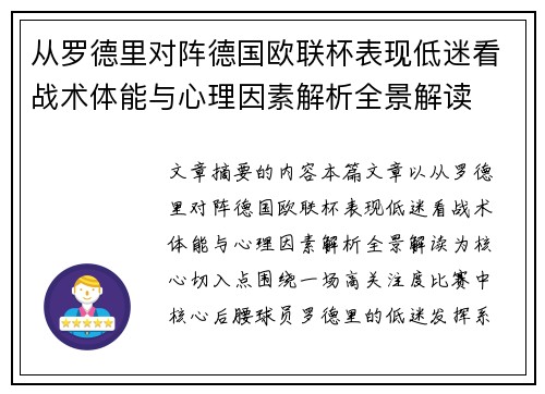 从罗德里对阵德国欧联杯表现低迷看战术体能与心理因素解析全景解读